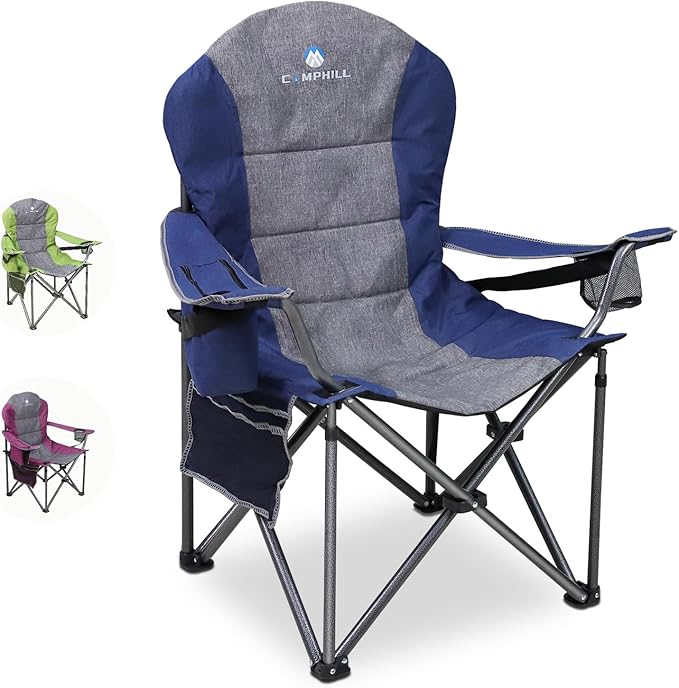 Northroad Oversized Portable Camping Chair, Full Padded Outdoor Folding Chair Support 350 LBS, Heavy Duty Lawn Chair with Cup Holder, Cooler Bag, Lumbar Support, Head Pocket for Adult-Blue