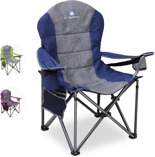 Northroad Oversized Portable Camping Chair, Full Padded Outdoor Folding Chair Support 350 LBS, Heavy Duty Lawn Chair with Cup Holder, Cooler Bag, Lumbar Support, Head Pocket for Adult-Blue
