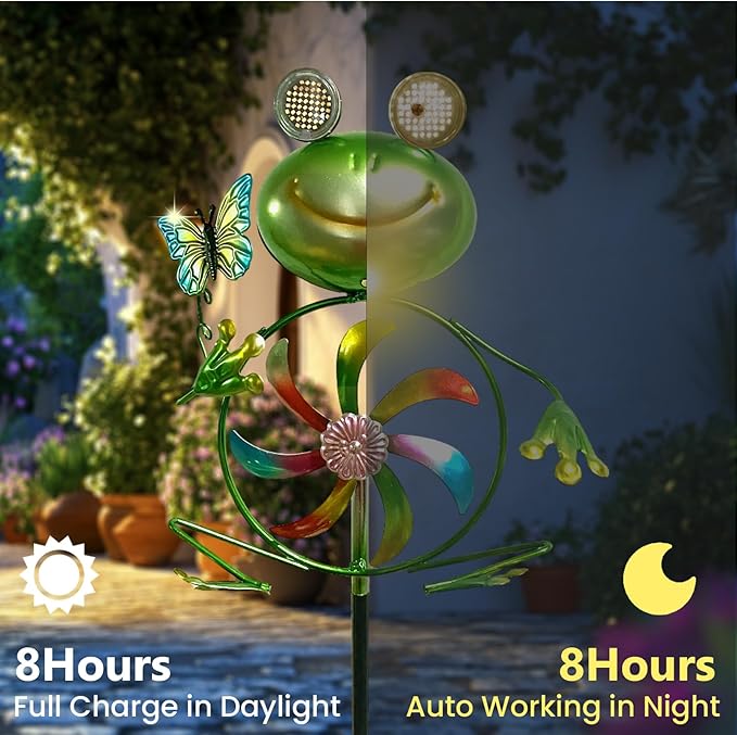 Frog Garden Decor Wind Spinners Outdoor, Garden Solar Lights Decorative Wind Sculpture Spinner Windmills for Patio Pathway Lawn Ornaments, Christmas Outdoor Frog Decor Gifts for Women Mom.