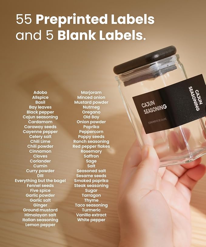 Glass Square Spice Jars with Labels, 4oz Glass Jars with Bamboo Lids, Spice Bottles, Seasoning Organizer, 12 Pack (Black)