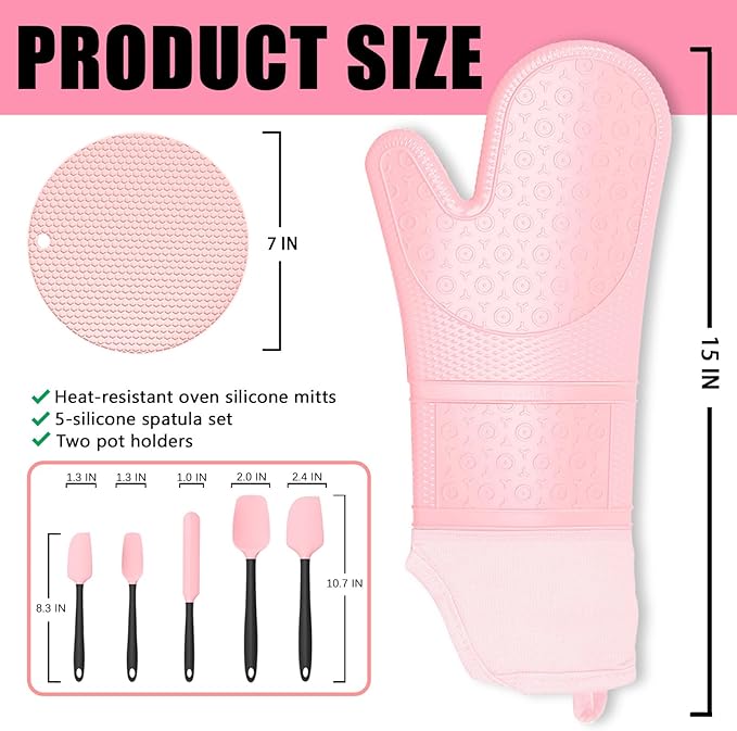 Oven Mitts with Heat-Resistant Hot Pads and Five Silicone Spatulas Designed for Kitchen Baking Cooking, Oven Glove Soft Cotton Lining, Waterproof, BPA-Free (Pink, 15.7)