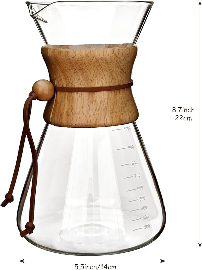 AGOGO Pour Over Coffee Maker Glass - 6/8/10 Cup Barista Kit with 304 Stainless Filter for Home, Office, Camping, Cafes - Easy Clean Coffee Dripper Set (Rag&Brush Included) (10 Cup/34 oz-Slim Shape)