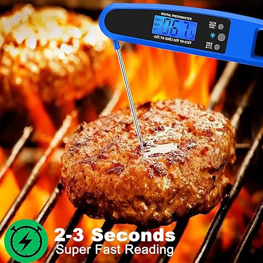 Instant Read Meat Thermometer for Kitchen Cooking, Ultra Fast Precise Waterproof Digital Food Thermometer with Backlight, Magnet and Foldable Probe for Deep Fry, Outdoor BBQ, Grill(Blue)