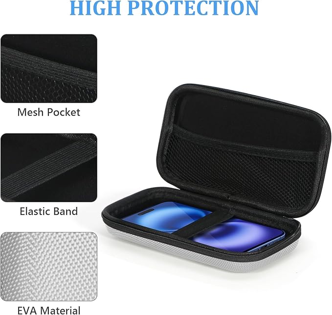 GLCON Portable Protection Hard EVA Travel Carrying Case with Mesh Pocket, Shockproof Exterior - Universal Small Electronic Tech Zipper Bag Pouch Organizer for Cell Phone, Charger, Cord, Cable - Silver