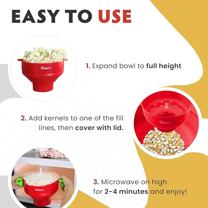 The Original Salbree Collapsible Silicone Microwave Popcorn Popper Maker Machine, Microwavable Bowl Holds 16 Cups, Uses Hot Air and Oil Always Optional - The Most Colors Available (Coral)