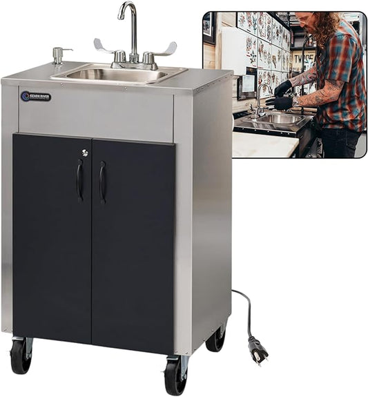 Ozark River Portable Sinks Elite LS1, Free Standing Portable Concession Sink, Commercial Restaurant Portable Sink with Hot Water, Stainless Food Service Sink, Black Doors-Black Edges