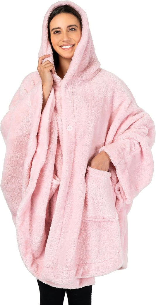 PAVILIA Angel Wrap Hooded Blanket Poncho, Wearable Blanket Throw Wrap Poncho for Women Adult, Cozy Fluffy Sherpa Fleece Shawl Cape with Hood pockets, Warm Gift for Mom Wife, Light Pink