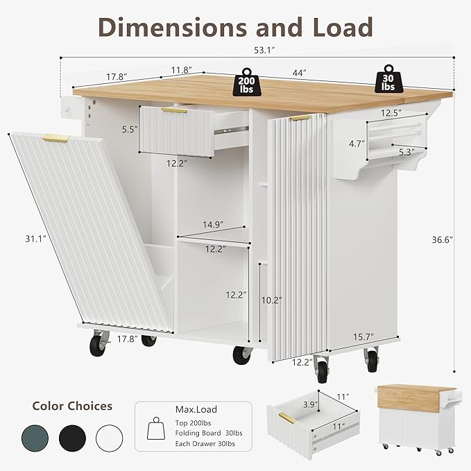 win2win Rolling Kitchen Island with Trash Can Storage, Portable Kitchen Island with Drop Leaf Breakfast Bar, Modern Farmhouse Kitchens Cart on Wheels with Fluted Design, Towel Rack, Spice Rack, White