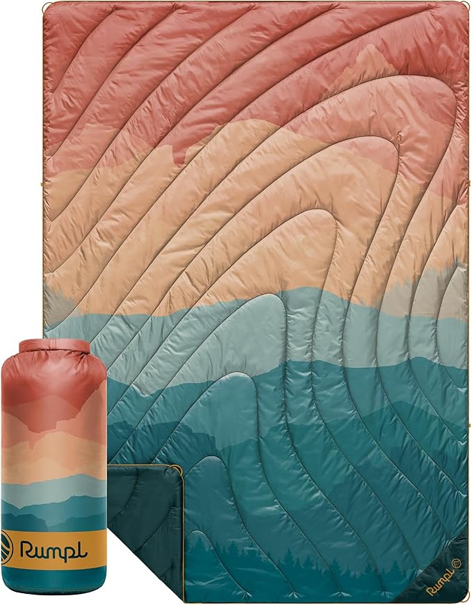 Rumpl Original Puffy Blanket - Warm, Water-Resistant Camping Blanket with 100% Recycled Synthetic Insulation, 52"x75", Original Puffy V2, Rocky Mountain Sunset Fade