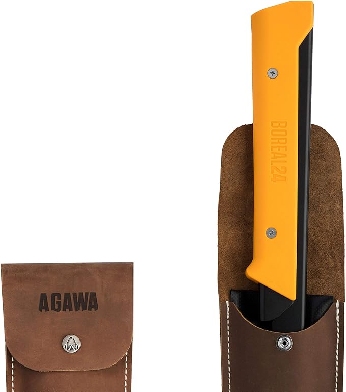 AGAWA - BOREAL24 Backwoods KIT - 24 Inch Folding Bow Saw, Premium Leather Sheath, Additional Aggressive Blade (Black Frame - Yellow Handle)