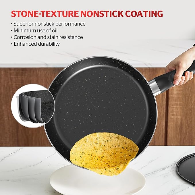 Sunhouse 3-Piece Nonstick Frying Pan Set - 8", 9.5", 11" Aluminum Frying Pan with Non-Stick Coating, PFOA-FREE, Stay-cool Handles - Gas, Ceramic