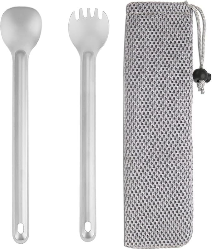 Titanium Camping Utensil Set Lightweight Titanium Flatware Tableware Cutlery Long Spork and Spoon with Carrying Bag for Traveling Picnic Hiking