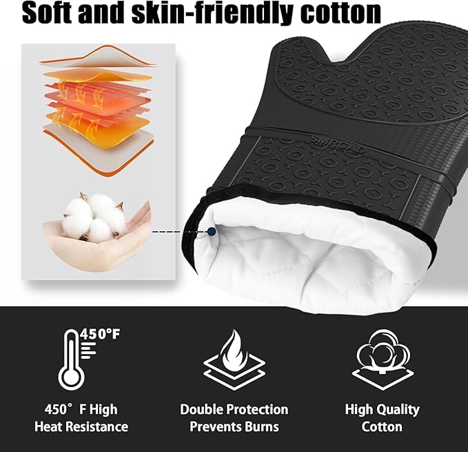 Oven Mitts with Heat-Resistant Hot Pads and Five Silicone Spatulas Designed for Kitchen Baking Cooking, Oven Glove Soft Cotton Lining, Waterproof, BPA-Free (Black& Trivet, 12.6)