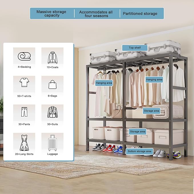 FPIGSHS Heavy Duty Clothes Rack with Cover 2000LBS Foldable Portable Wardrobe Closet for Hanging Clothing Rolling Garment Rack on Wheels for Bedroom Closet System (D(Gauze Curtain Cover, 59in)