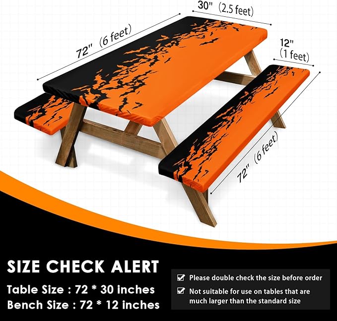Picnic Table Cover with Bench Covers Elastic Edges, Horror Halloween Fitted Table Cover, Outdoor Camping Essentials 72 Inch 3PCS, Waterproof Camping Fitted Tablecloth with Drawstring Bag
