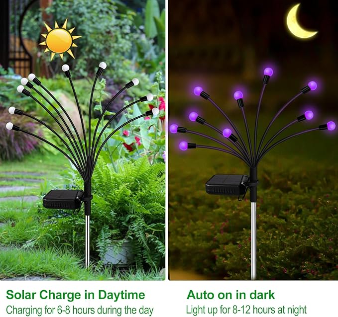 Kohlrabi Solar Garden Lights Outdoor, 10 Pack 80 LED Solar Purple Firefly Lights Waterproof, Sway by Wind, Swaying Light for Yard Patio Backyard Garden Planter Flower Bed Pathway Decoration