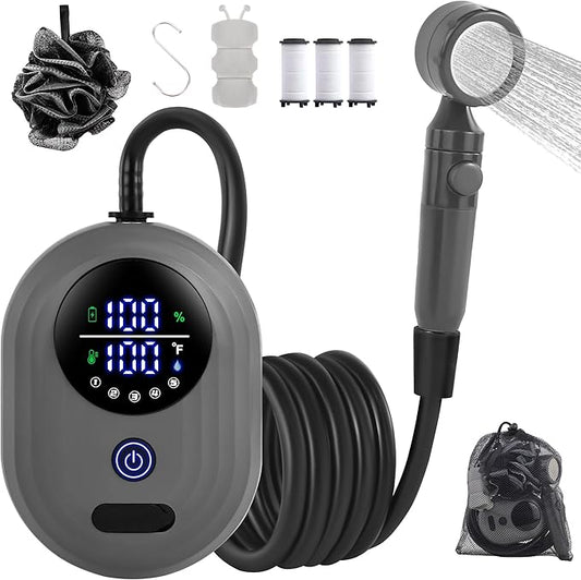 Lightweight Portable Camping Shower, 6000mAh Rechargeable Outdoor Shower Pump with 5 Pressure Modes, Filtered Shower Head, Temperature & Power Display for Hiking, Travel, Washing, Emergency