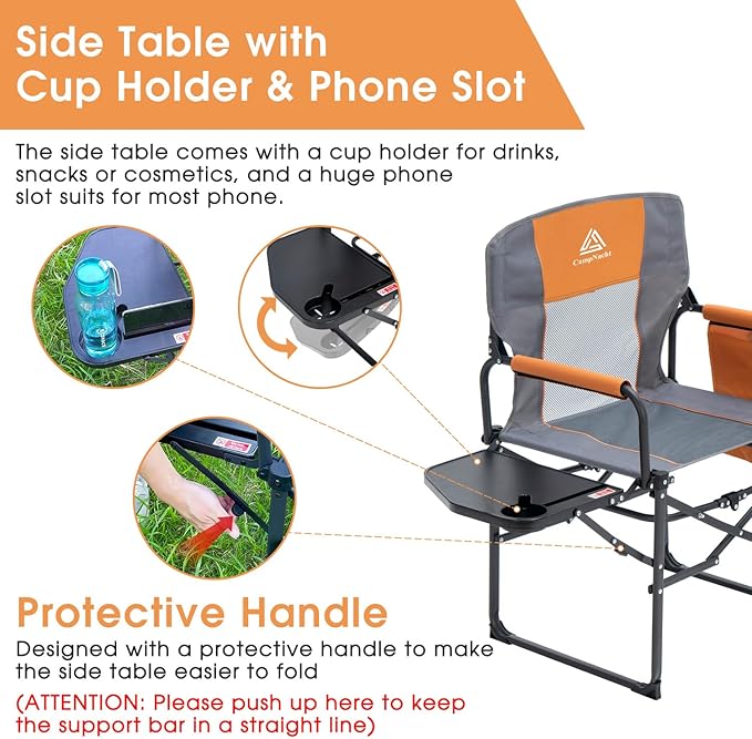 Wide Folding Director Chair with Table, Outdoor Camping Chair for Adults with Cup Holder Load 330 Lbs, Portable Lightweight Chair for Outside with Carry Bag for Patio, Orange-1Pack