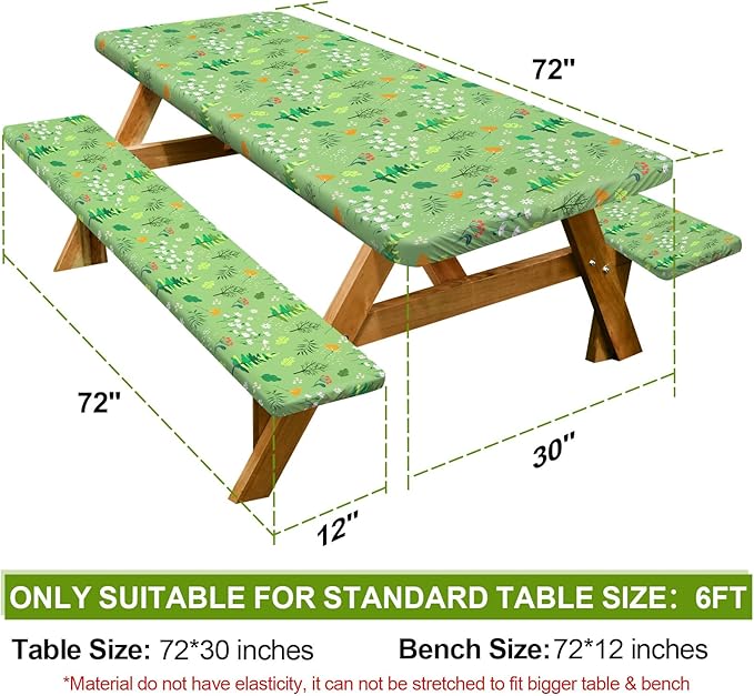 Picnic Table Cover with Bench Covers Camping Essentials Waterproof Windproof Camping Tablecloth with Drawstring Bag, Fitted Rectangle Tables and Seats, 72in, Grass Green
