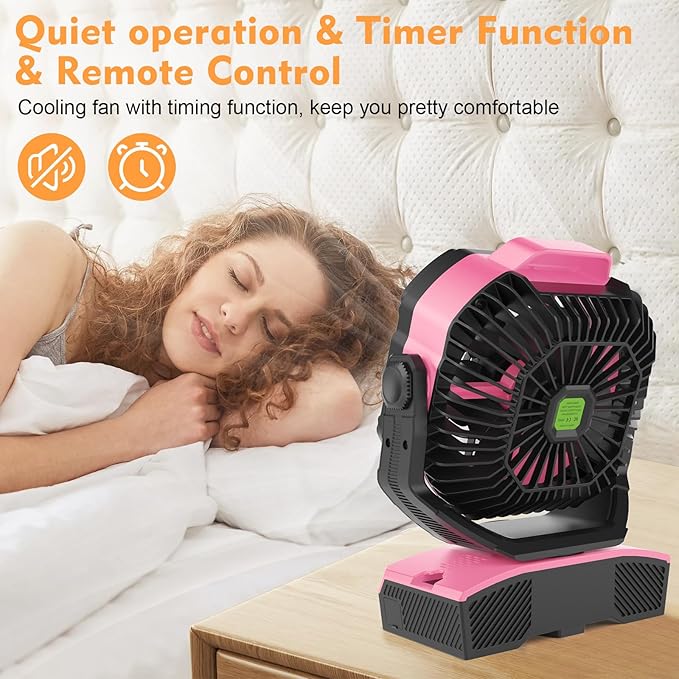 RUNTOP Oscillation Camping Fan with LED Lantern, 20000mAh Rechargeable Battery Operated Outdoor Tent Fan w/Hanging Hook, Remote Control, 4 Speeds, Personal USB Desk Fan for Camping, Jobsite (Pink)