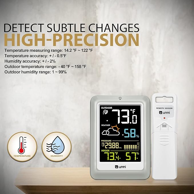 Wireless Weather Stations, with 330ft Range Sensor and Adjustable Backlight Inside Outside Monitor (Colorful)