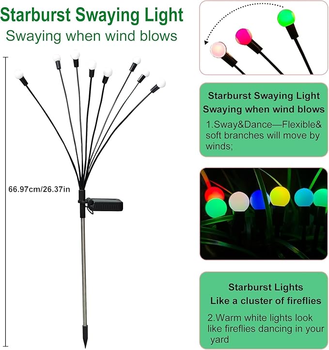 Solar Garden Lights Outdoor, 2 Pack 20 LED Solar Firefly Lights Waterproof, Sway by Wind, Swaying Light for Yard Patio Backyard Garden Planter Flower Bed Pathway Outdoor Decoration (Multicolor)