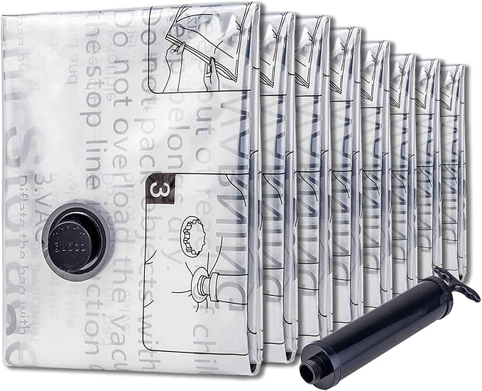 Vacuum Storage Bags 8 Medium, Space Saver Bags with Travel Hand Pump, Compression Airtight Sealer Bags for Clothes, Bedding, Pillows, Comforters, Blankets