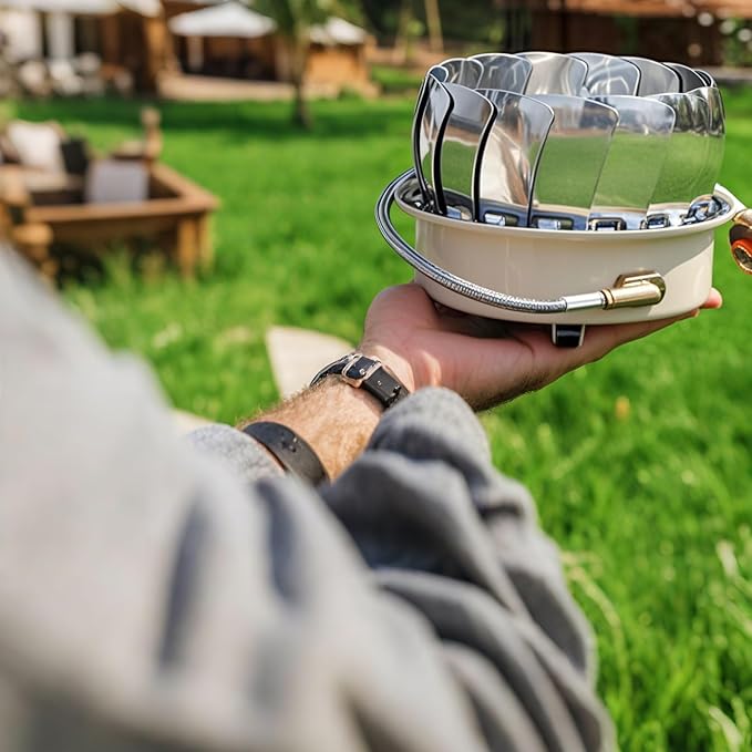 Windproof Camping Stove with Piezo Ignition, Portable Gas Stove for Camping, Backpacking Camp Stove for Outdoor Cooking, Folding Lotus Windshield, Small Adjustable Burner for BBQ, Hiking, Picnic