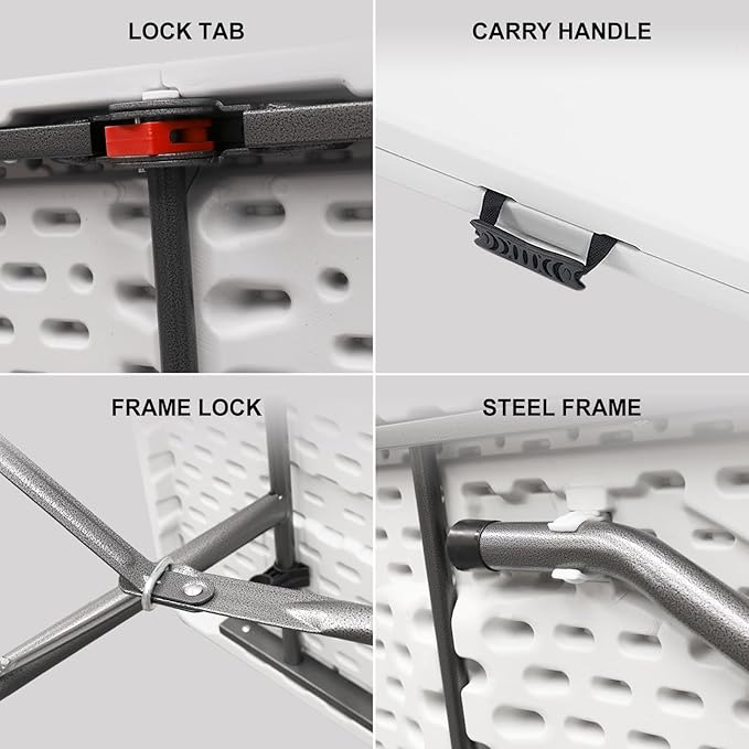 6ft Folding Table,Sturdy Outdoor Folding Table,Perfect for Camping Picnics Parties Foldable Table with Easy Setup Ideal Portable Table for Indoor & Outdoor Use (White, 6 Foot)