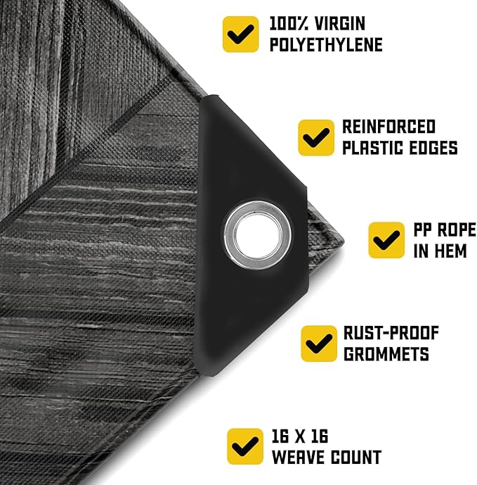 Core Tarps Extreme Heavy Duty 20 Mil Tarp Cover, Waterproof, UV Resistant, Rip and Tear Proof, Poly Tarpaulin with Reinforced Edges for Roof, Camping, Patio, Pool, Boat (Grey Wood/Black 30′ X 70′)