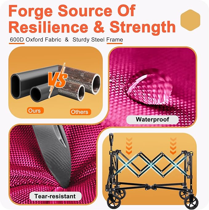 Collapsible Wagon Cart with Wheels, Heavy DutyFoldable Wagon Cart with 230lbs Weight Capacity, UtilityBeach Wagons Portable for Outdoor, Grocery, Camping,.Shopping, Rose Red