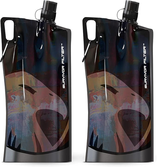 Survivor Filter Collapsible Water Bottles, Canteens (32oz) 2 Pack (2L Total) - Durable Carabiners and Handles. Squeeze Water through a Filter or Use as Water Bottles