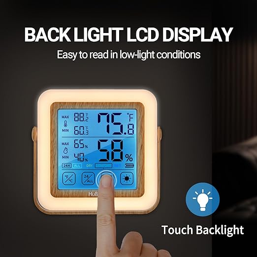 HuBDIC HubiBaby Digital Hygrometer Indoor Thermometer Humidity Meter Room Thermometer, Humidity Monitor for Home, Bedroom, Baby Room, Office, Greenhouse, Cellar, Portable Nightlight (Dark Wood)