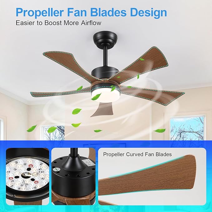 42 inch Ceiling Fans with Lights, Modern Ceiling Fan with Remote Control App, DC Motor Quiet, 3CCT Dimmable Memory, Led Sloped Flat Ceiling Fan with Light for Bedroom Indoor&Outdoor Patio Wood Brown