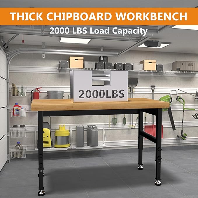 48" Work Bench, Adjustable Height Workbench with Rubber Pad, Heavy-Duty Work Table with Power Outlets, 2000 LBS Capacity Workstation for Garage, Workshop, Office, Home