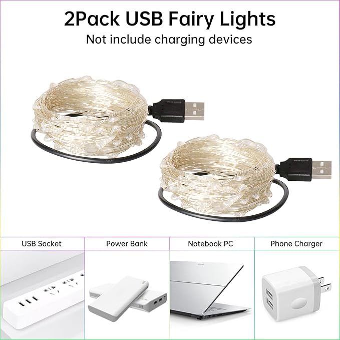 Blingstar USB Powered Fairy Lights, 2 Pack 33Ft 100 LED, Flexible Silver Wire, Mini String Lights for Christmas Tree/Bedroom/Birthday/Party/Holiday Indoor Decoration, Multicolor