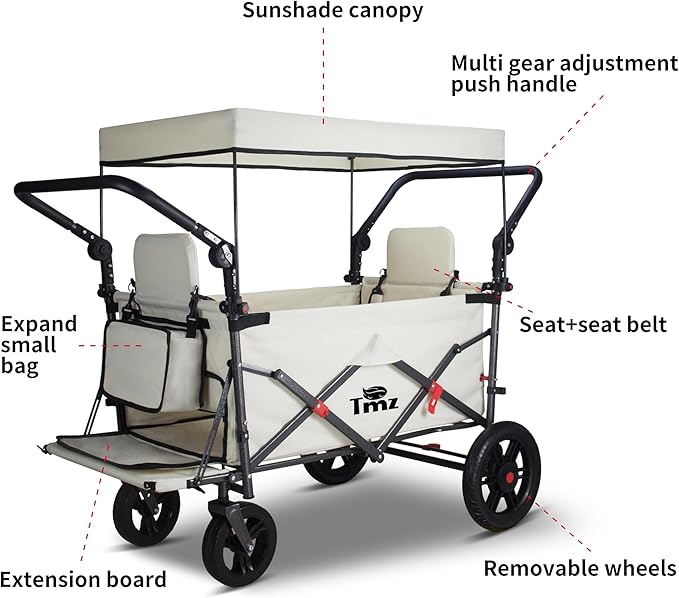 TMZ Foldable Wagon with Canopy, Collapsible Folding Wagon with Adjustable Handle Bar, Multi Functional Cart with Expansion Accessories, Front Expandable Transport Camping Wagon(Beige)