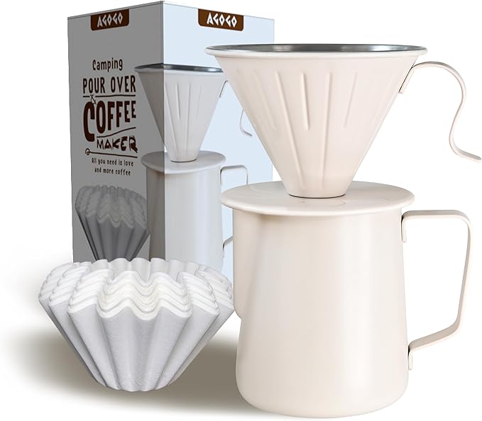 AGOGO Camping Pour Over Coffeemaker Set with Paper Filter Stainless Steel (Cream, 600ml)