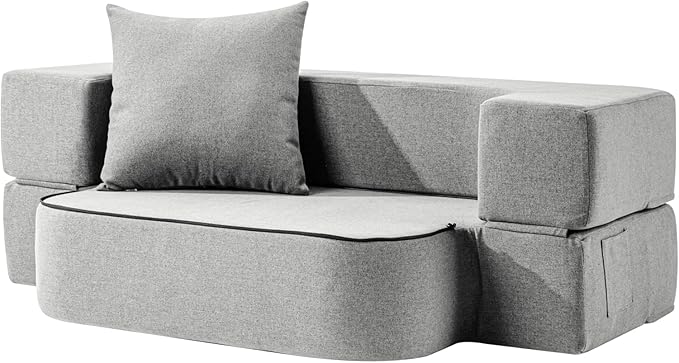 2-in-1 Folding Sofa Bed with Pillow - Folding Chair Floor Couch & Sleeping Mattress - Washable Cover & Memory Foam Sleeper Chair for Living Room/Guest Room/Apartment/Loft, Light Gray