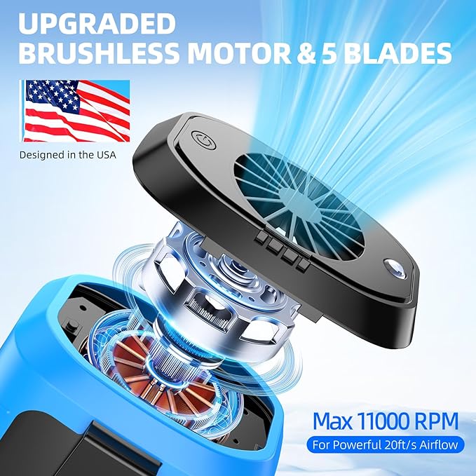 Zeadio Portable Waist Clip Fan, 4 Speeds 10000mAh Operated Hands-free Wearable Necklace Fan, with Lighting and Charging Function for Hot Flashes Home Office Travel Outdoor Sports - Blue