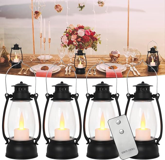 Vintage Lantern Decor, 4-Pack Candle Lantern with Remote, Small Lantern Indoor Outdoor Hanging Lanterns for Wedding Centerpiece,Halloween,Christmas,Camping Decorations, Western Party Decor