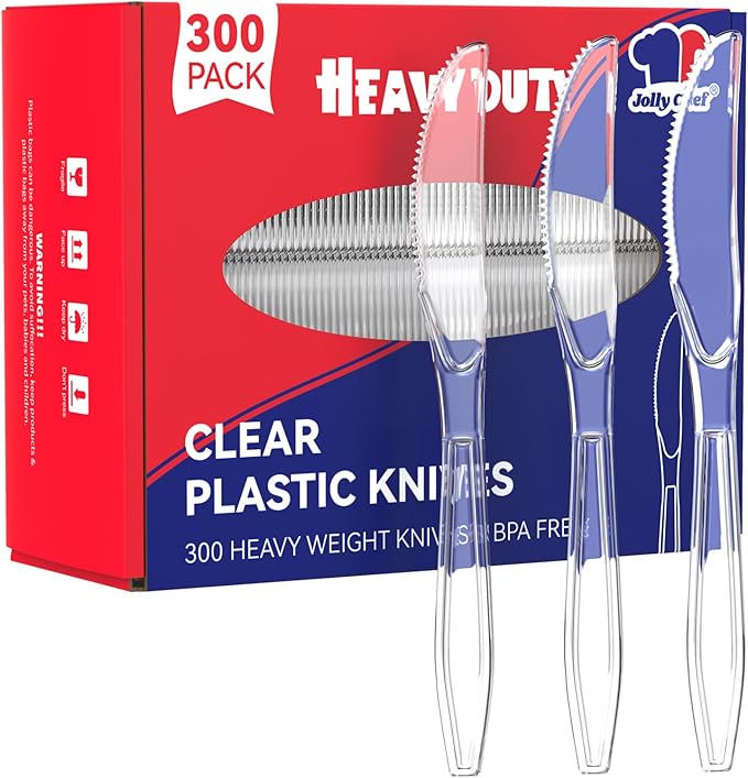 JOLLY CHEF 300 Count Clear Plastic Knives Heavy Duty, 7.7" Heat Resistant Solid and Durable Plastic Knives Disposable, Disposable Bulk Cutlery Perfect for Parties Supply Events Everyday Use