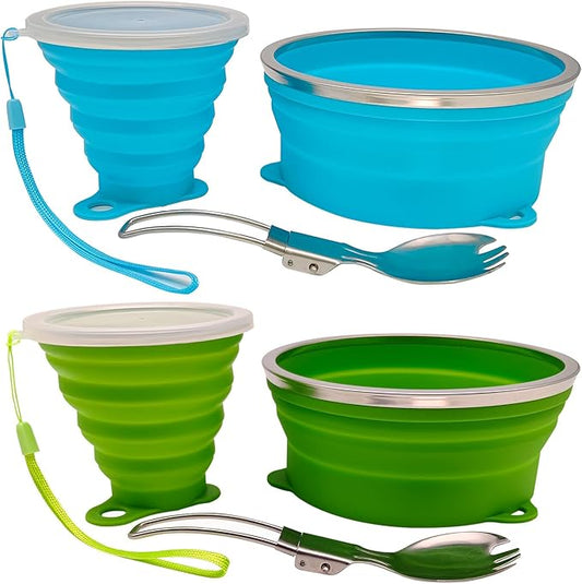Mess Kit for Camping Silicone Collapsible Bowl Collapsible Cup and Stainless Steel Spoon for Backpacking Outdoor Hiking Traveling and Picnic - 2 Pack