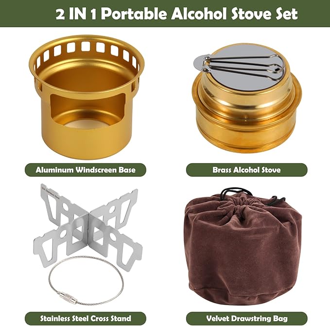 2 In 1 Mini Alcohol Stove For Camping, Portable Alcohol Burner With Stainless Steel Cross Stand, Storage Bag, Lightweight Tiny Brass Stove For Backpacking Emergency Outdoor Coffee