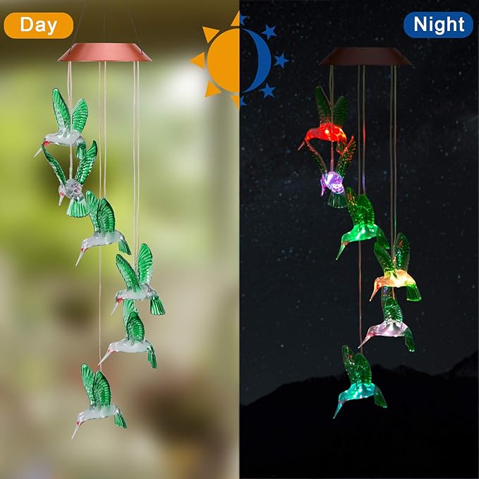 ME9UE Solar Hummingbird Wind Chimes Outdoor Waterproof Mobile Romantic LED Multi Color-Changing Solar Sensor Powered Lights for Home, Yard, Night Garden Decor, Party, Valentines Gift, Gift for Mom