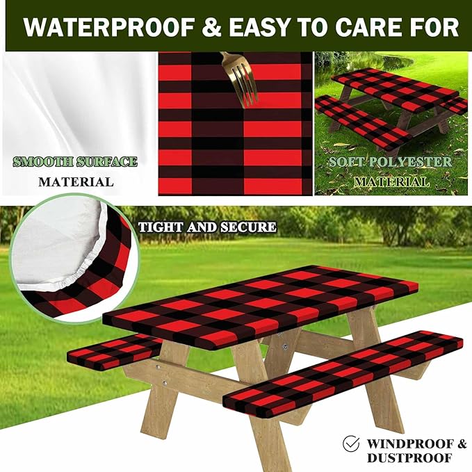 CAPSCEOLL Fitted Picnic Table Cover with Bench Covers with Elastic 6Ft Waterproof Camping Picnic Table Cover Cloths for Outdoors Camping Tablecloth with Drawstring Bag, 72X30in, Black Red