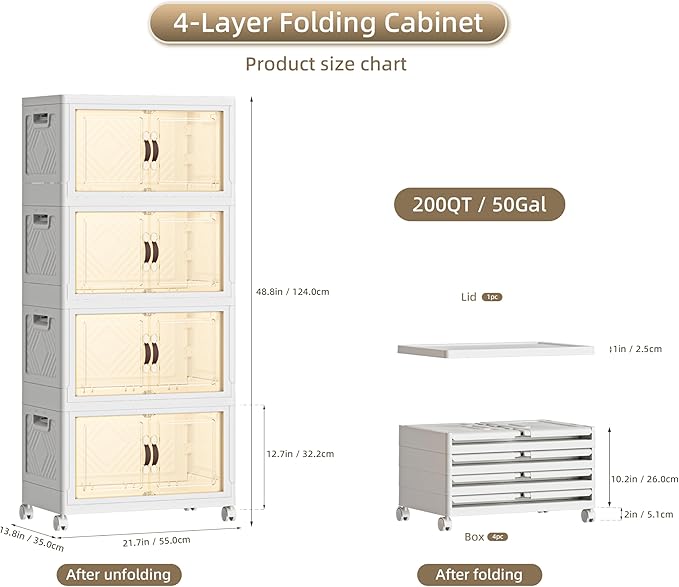 200 QT / 50 Gal Stackable Collapsible Storage Bins (1 Lid) with Magnetic Doors & Wheels - Plastic Cabinet Organizer for Home Office Closet, White Space-Saving Containers