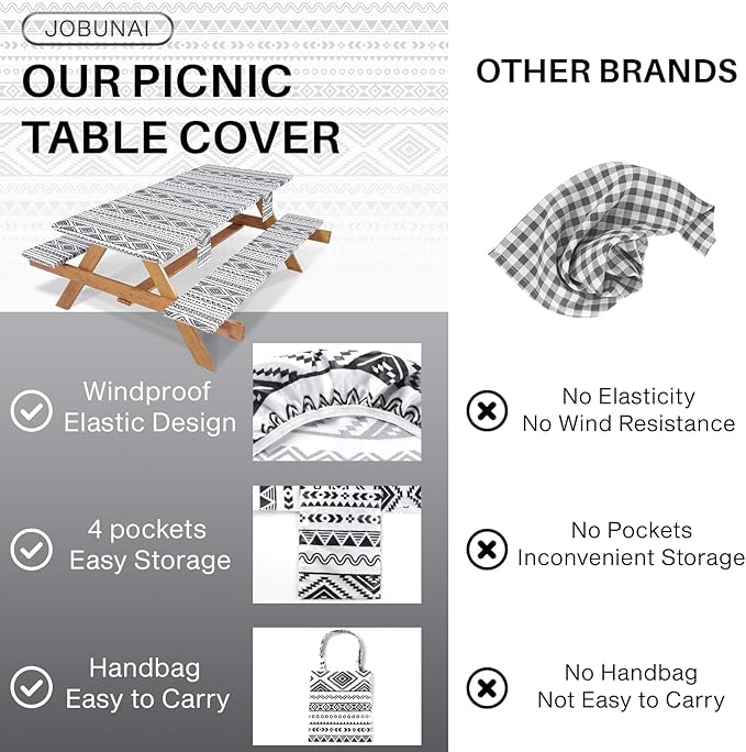Picnic Table Cover with Bench Covers Non Slip Waterproof Vinyl Tablecloth for 6 Foot Rectangle Tables Family Gardening Needs Camping Rv Roadtrip Items for Tent Camper Useful Gift for Woman Man