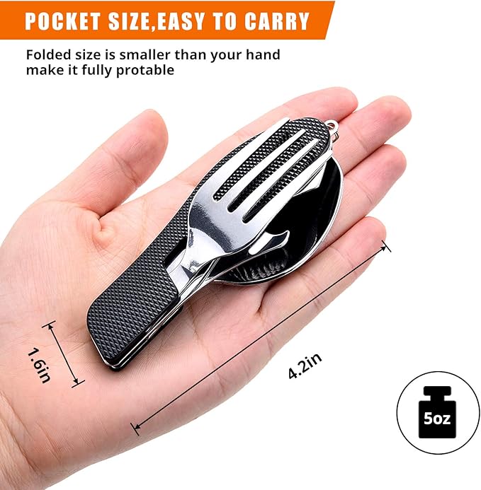 HIKENTURE Camping Utensils with Case 4-in-1 Folding Flatware Stainless Steel Fork Knife Spoon Bottle Opener Travel Cutlery Hobo Multitool Set(Black 2 Pack)