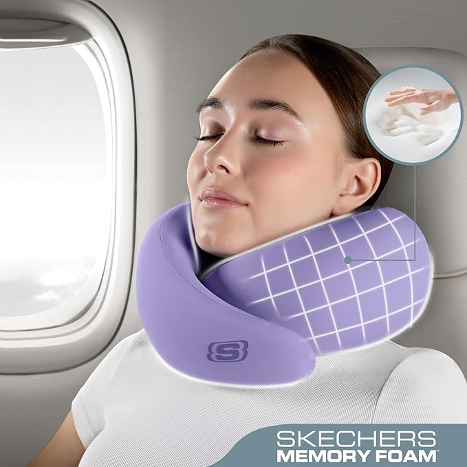 Skechers Memory Foam Travel Pillow,Comfortable & Breathable Airplane Travel Essential, Neck Pillow for Travel, Car Rides, Home, and Office Use, Ergonomic Design for Men and Women,Purple